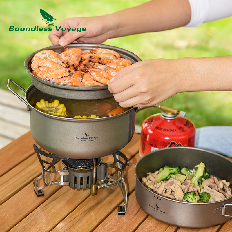 Camping Cooking Pots And Pans - Boundless Voyage Titanium Stoomboot Soeppan met