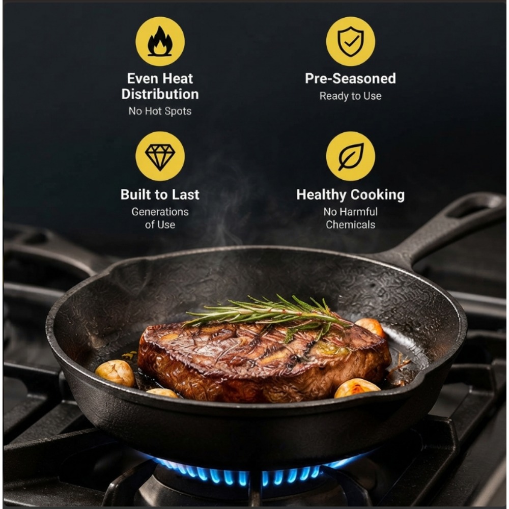 Skillet Cast Iron Camp - 3-delige gietijzeren koekenpannenset, 6, 8, 10