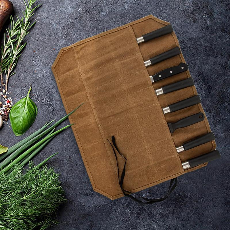 Camping Cooking Utensil Holder - Gewaxte Canvas Koksmessenrol Meerdere Opbergvakken Duurzame