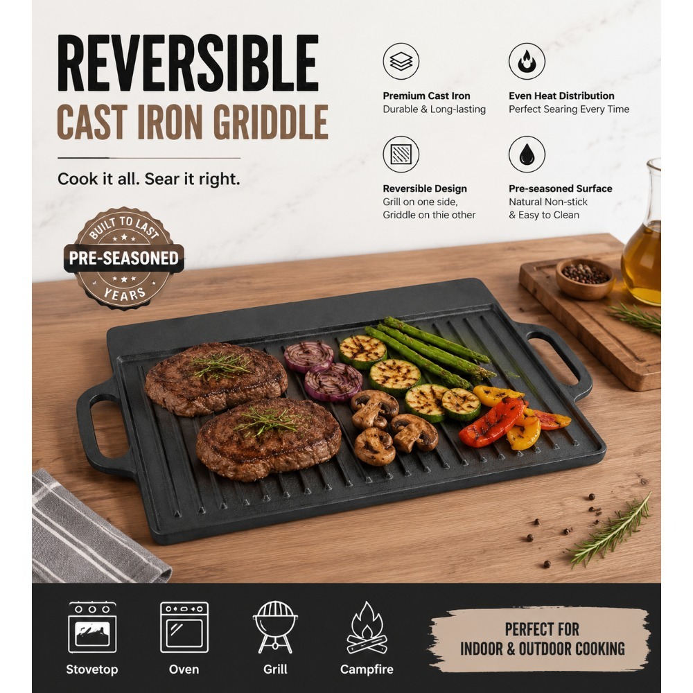 Skillet Cast Iron Camp - Voorgekruide gietijzeren grillplaat 19,9