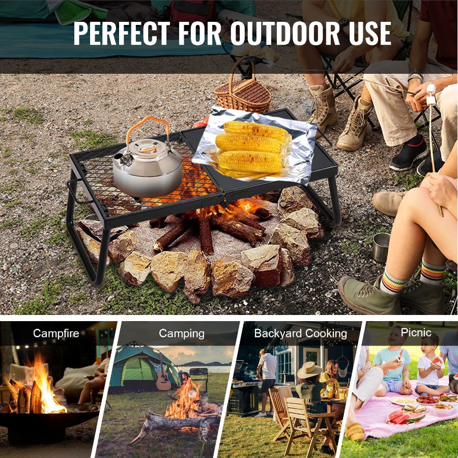 Camping Cooking Over Fire - Opvouwbare kampvuurgrill, zwaar stalen gaasrooster, 22,4