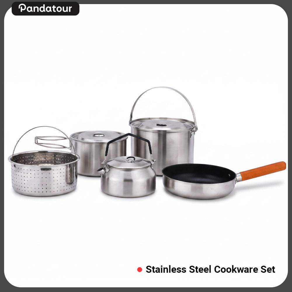 Camping Cooking Gear - Pandatour Outdoor Camping 5-delige RVS kookset,